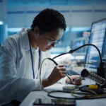 Modern Electronics Research, Development Facility: Black Female Engineer Does Computer Motherboard Soldering. Scientists Design PCB, Silicon Microchips, Semiconductors. Medium Close-up Shot
